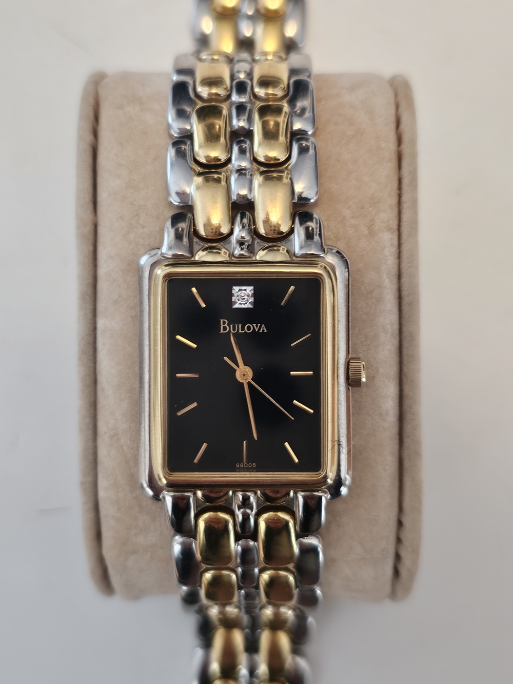 Vintage Bulova T4 Two-Tone Tank Watch, Black Dial, Diamond, Never Worn